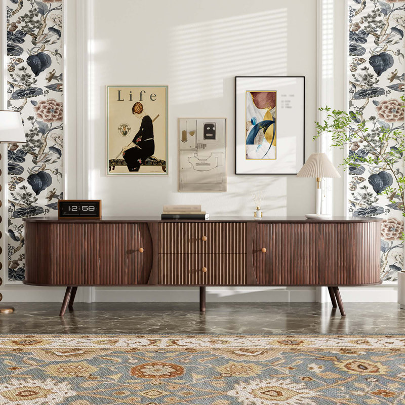 Console de télévision Mid-Century moderne avec portes tambour et rangement cannelé