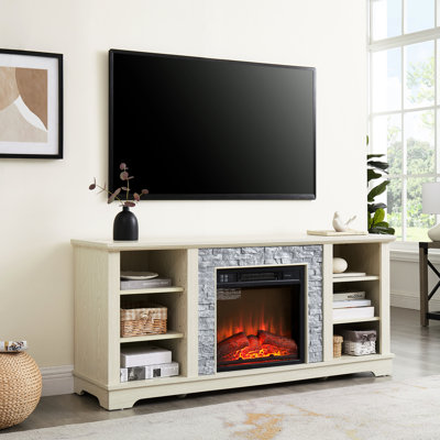 Meuble télé électrique en pierre pour foyer, encastrable 18 po, blanc, convient aux téléviseurs de 65 po, unité de rangement avec décoration et rangement