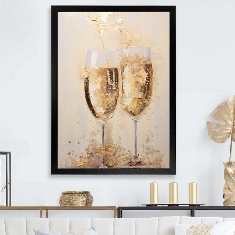 Golden Champagne In Glass III - Champagne, art mural, H 20 po x l 12 po x P 1 po, Cadre simple noir