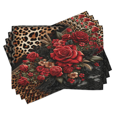 Ambesonne Leopard Print Place Mats Set of 4 Romantic Rose Lace Standard Red Sand Brown and Dark Grey -  ser_429919