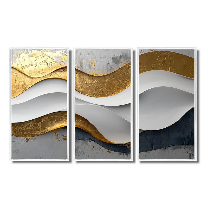 Newman VI - art mural vagues - 3 panneaux, H 28 po x l 36 po, Impression encadrée sans passe-partout, Blanc