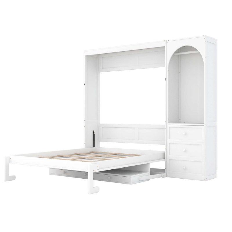Grand lit escamotable peu encombrant avec rangement intégré et éclairage DEL, Blanc