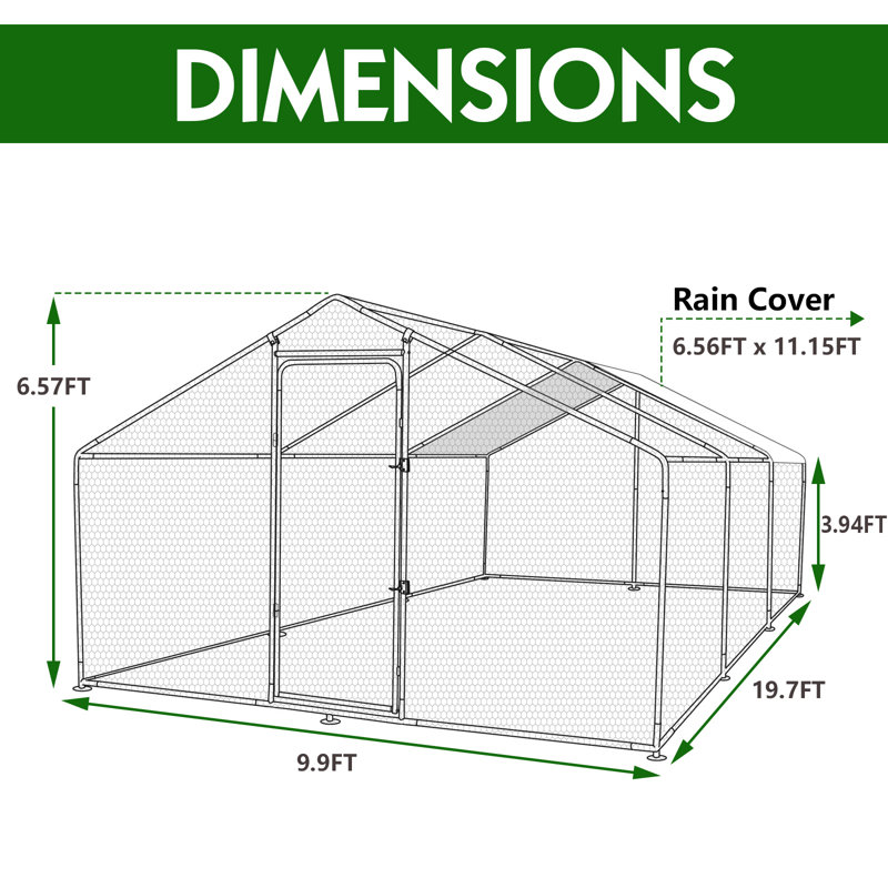 Walk In Large Poulailler avec housse de pluie, H 78,8 po x l 118,80 po x P 236,4 po