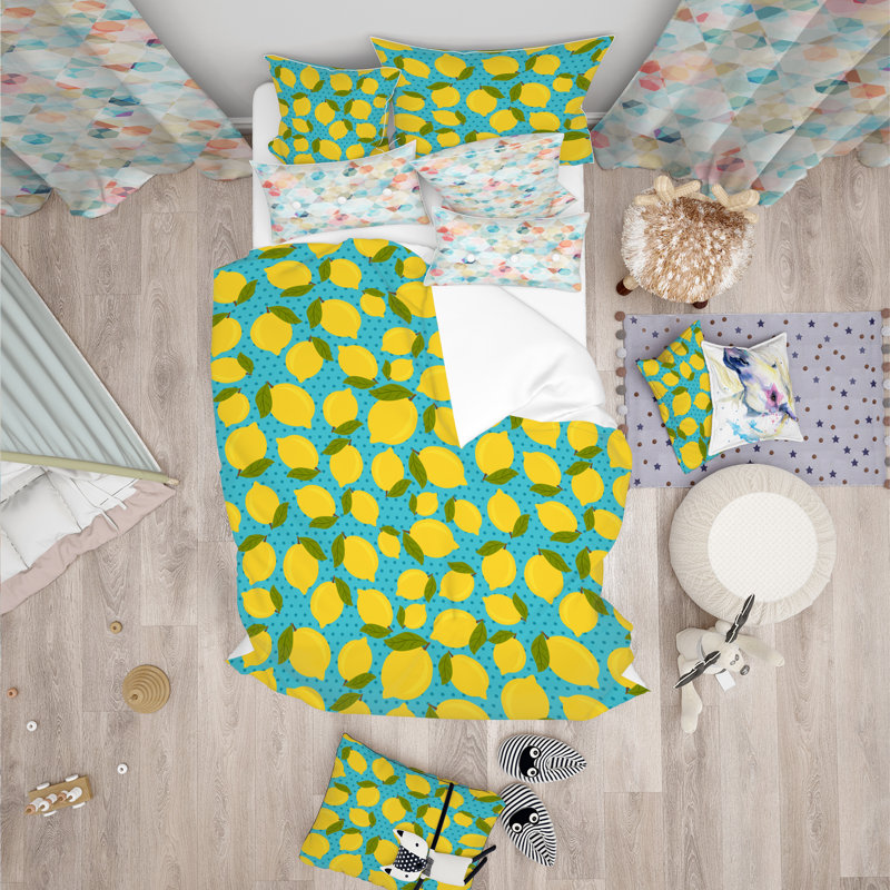 Lemon Pattern - Food Tropical Duvet Cover Set - Microfiber Polyester, Twin Duvet Cover + 1 Sham