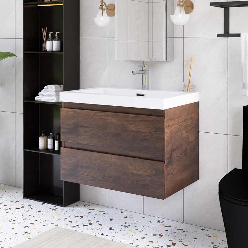 Meuble-lavabo mural simple 30 po avec plateau en résine intégré, Rose