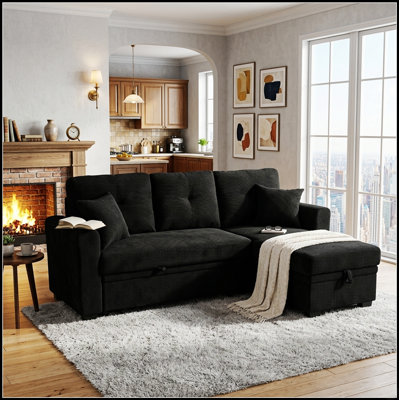 Canapé-lit modulaire convertible en L avec rangement pour chaise longue réversible et tissu respirant pour petits espaces