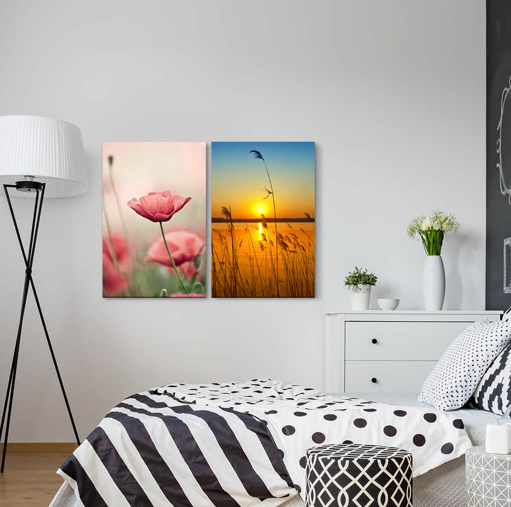 2-tlg. Leinwandbilder-Set - Fotografie „Poppy Flower Lake Sunset Horizon Dusk Red Sunset Sun”