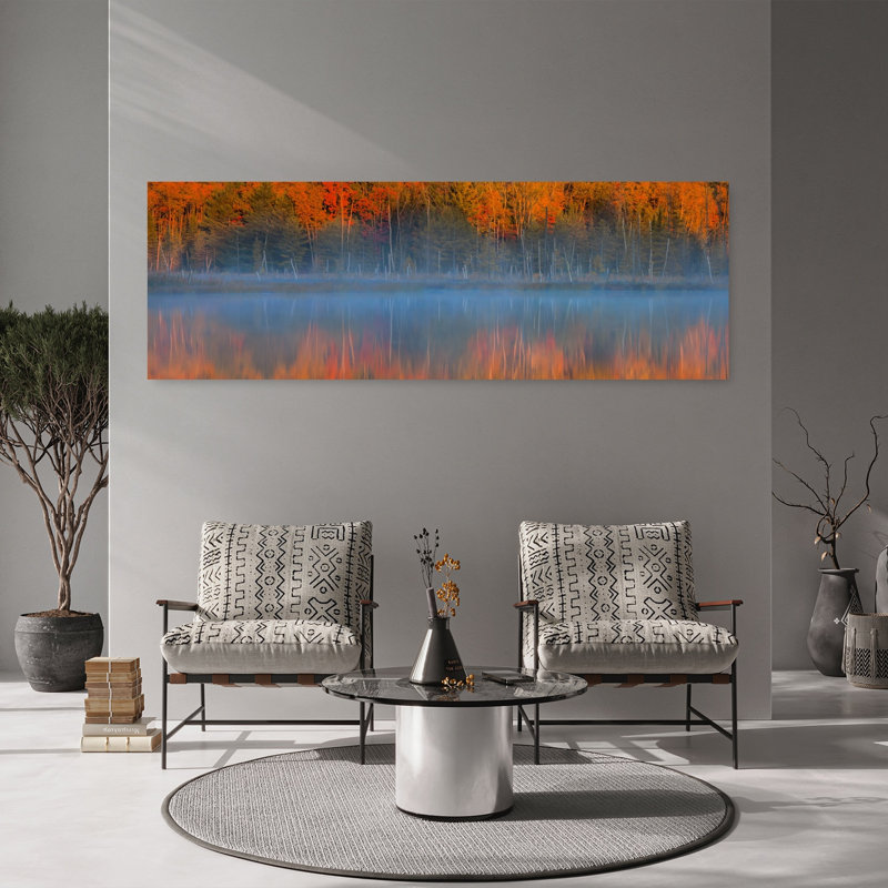 Misty Autumn Lake Reflection Colorful Peaceful Serene Autumn Forest, art mural, H 20 po x l 60 po