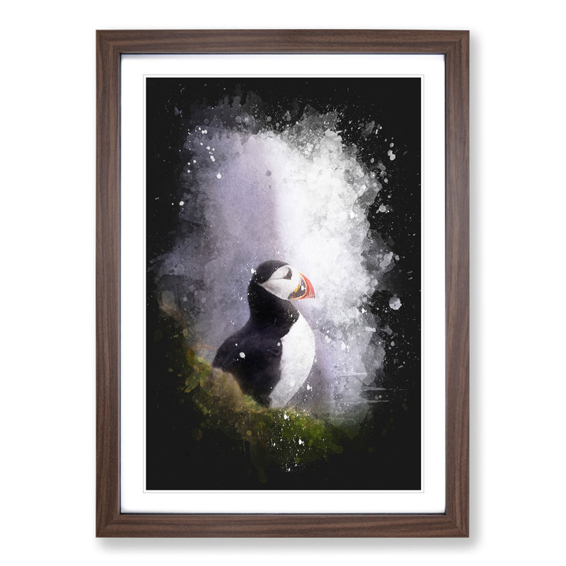 Atlantic Puffin Birds Vol.7 Paint Splash - Picture Frame Graphic Art, 65cm H x 48cm W x 2cm D, Walnut