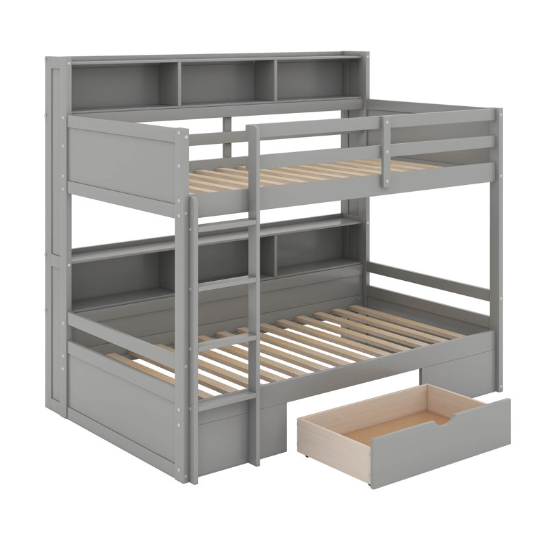 Twin Size Bunk Bed With Shelves And Drawer, Gray