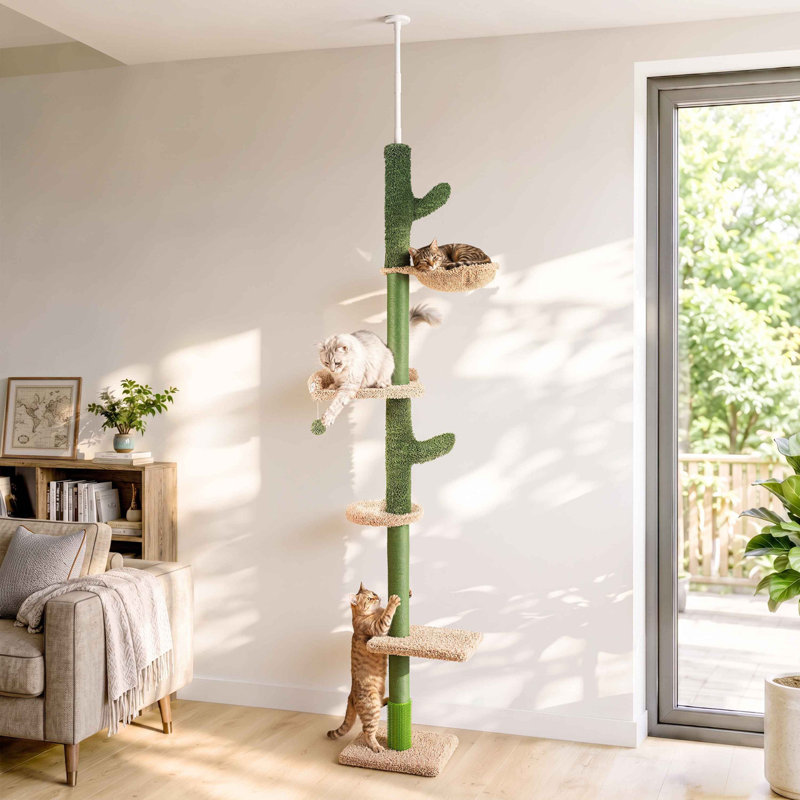 Arbre à chat Cactus du sol au plafond, hauteur réglable de 246 à 292 cm, structure à plusieurs niveaux avec poteau à griffer recouvert de sisal, brosse de toilettage, hamac, balle et plateformes.