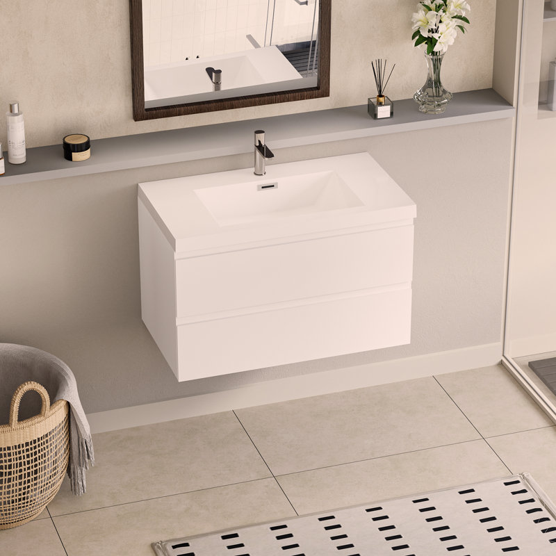 Meuble-lavabo mural 36 po avec lavabo flottant, meuble-lavabo mural moderne avec lavabo en résine et tiroirs, Blanc brillant
