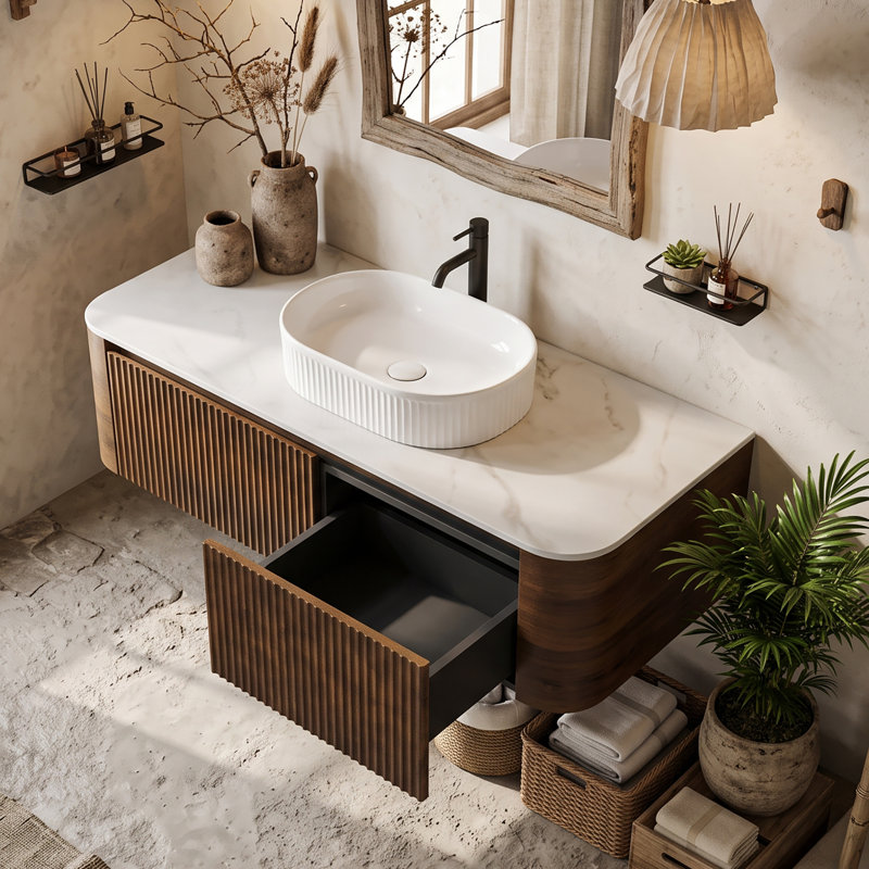Wall Mounted Single Double With Engineered Marble Top, Walnut