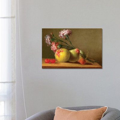 Carnations, Pears, Cherries And Apple On A Table by Anne Vallayer-Coster - Wrapped Canvas Print