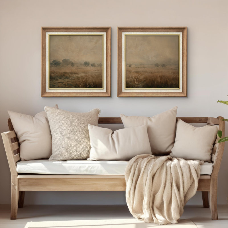 «Calm Misty Meadow Trees and Prairie Landscape Neutral Wall Art», encadré 2 pièces, reproduction d'art, H 26 po x l 26 po