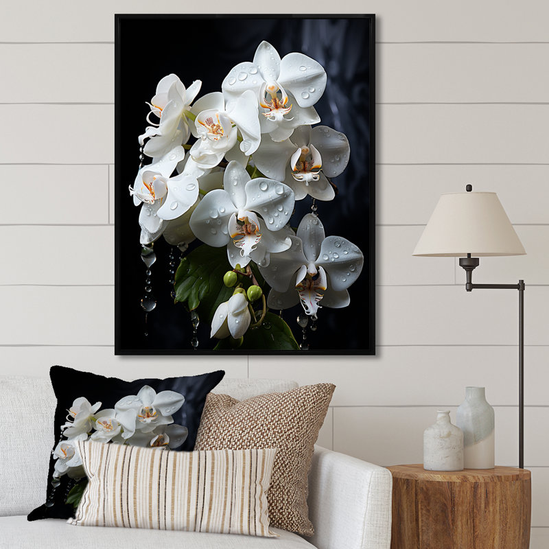 Pétales d'orchidées blanches élégantes sur toile, Cadre flottant noir, H 40 po x l 30 po x P 1,5 po