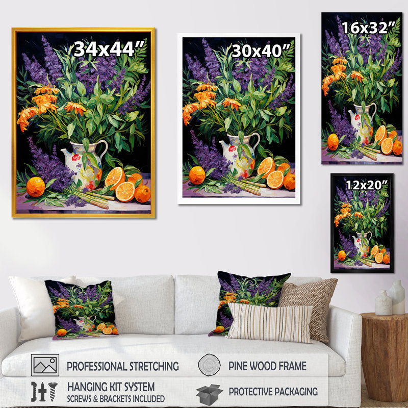 «Fauvist Herbs Pottery Flavors 5 - Floral Herbs», art mural, H 40 po x l 30 po x P 1,5 po, Cadre flottant blanc
