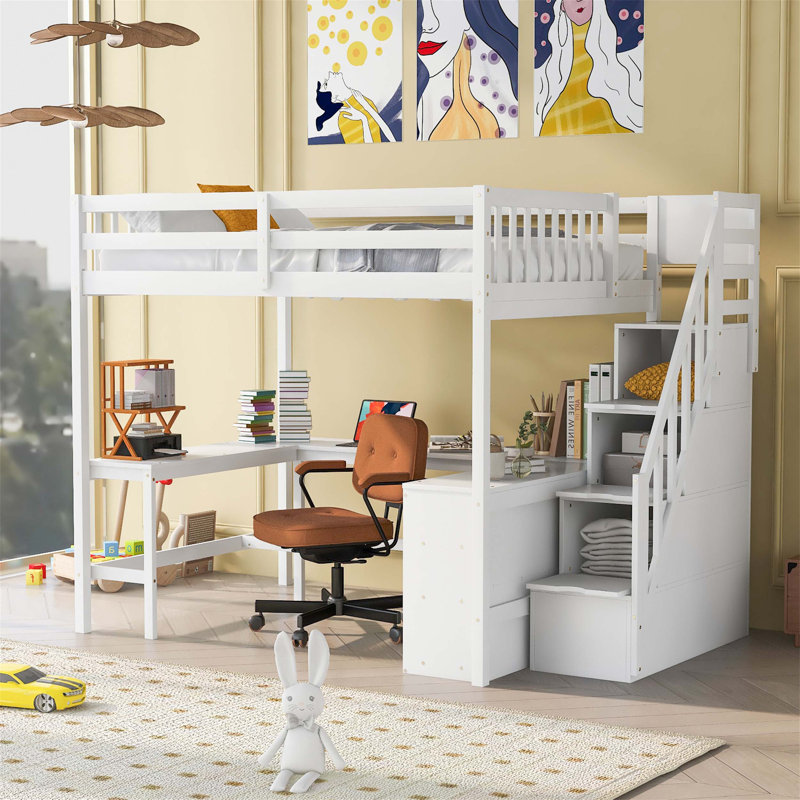 Lit mezzanine innovant avec bureau intégré en forme de L, tablettes de rangement à trois niveaux et escalier de rangement attaché pour économiser de l'espace