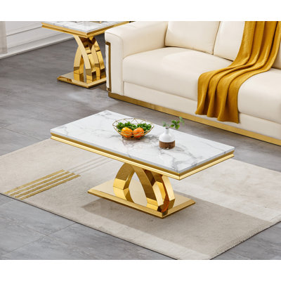 Ensemble de 3 tables basses en faux marbre, ensemble de table de salon moderne comprenant 1 table basse, 1 console et 1 table d'appoint pour le salon, plateau en faux marbre blanc avec structure en acier inoxydable en forme de losange