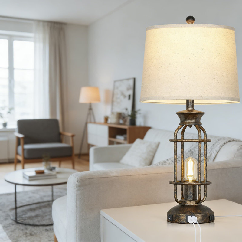 Lampe de table de style industriel avec ports USB-C et USB-A et prise de courant CA, lampes de table rétro pour le salon et la chambre à coucher avec deux veilleuses, comprend 4 ampoules DEL