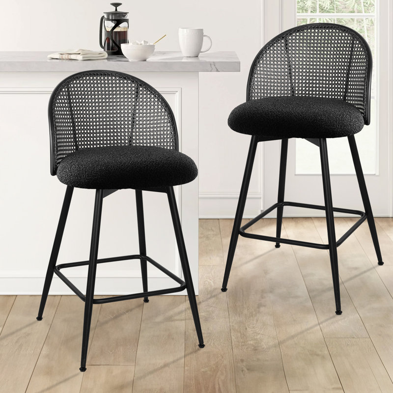 Black Metal Swivel Counter Stools with Rattan Backrest, Set of 3