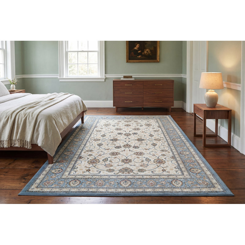 Tapis ivoire/bleu ciel floral Attell, Rectangle 3 pi 11 po x 5 pi 7 po