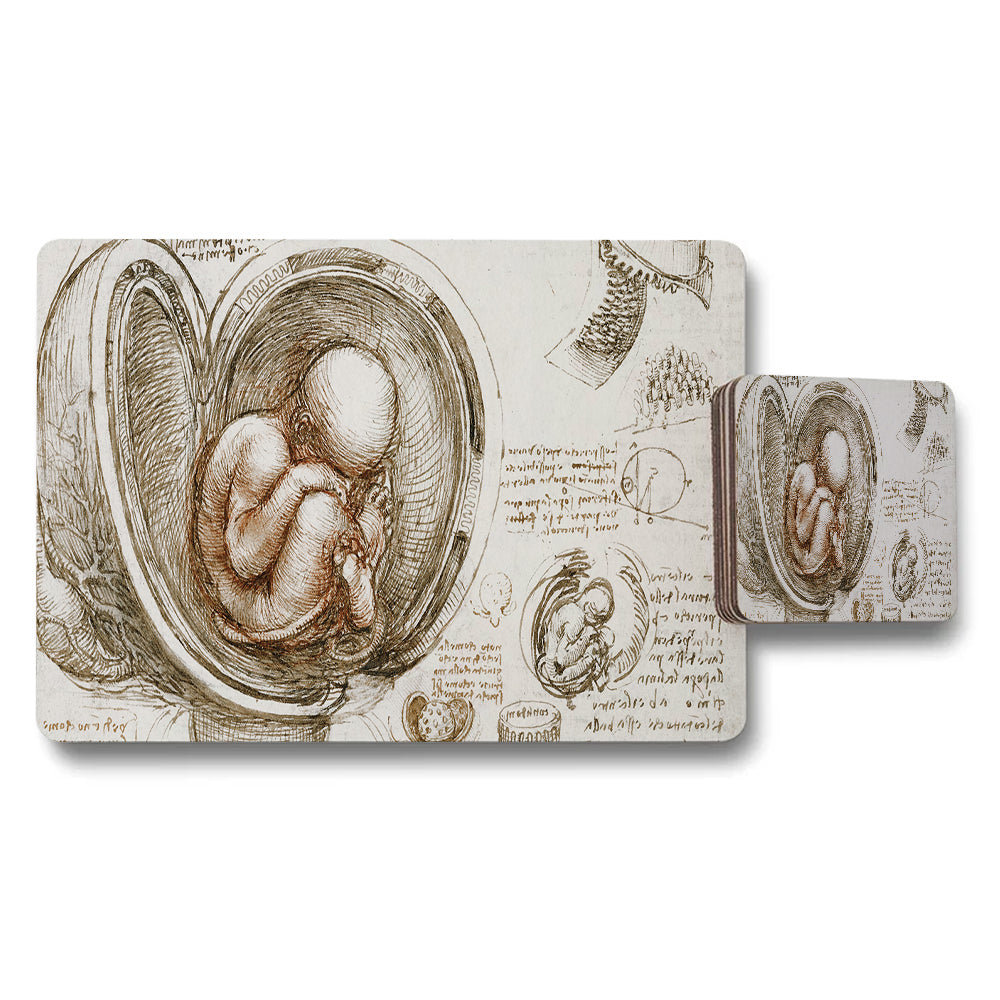 Placemat And Coaster Set Vintage Fetus Sketch Artwork