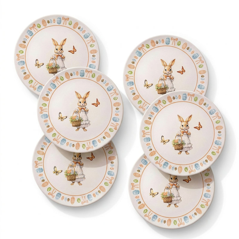 6 Piece Bunny and Butterflies Dessert Plate Set