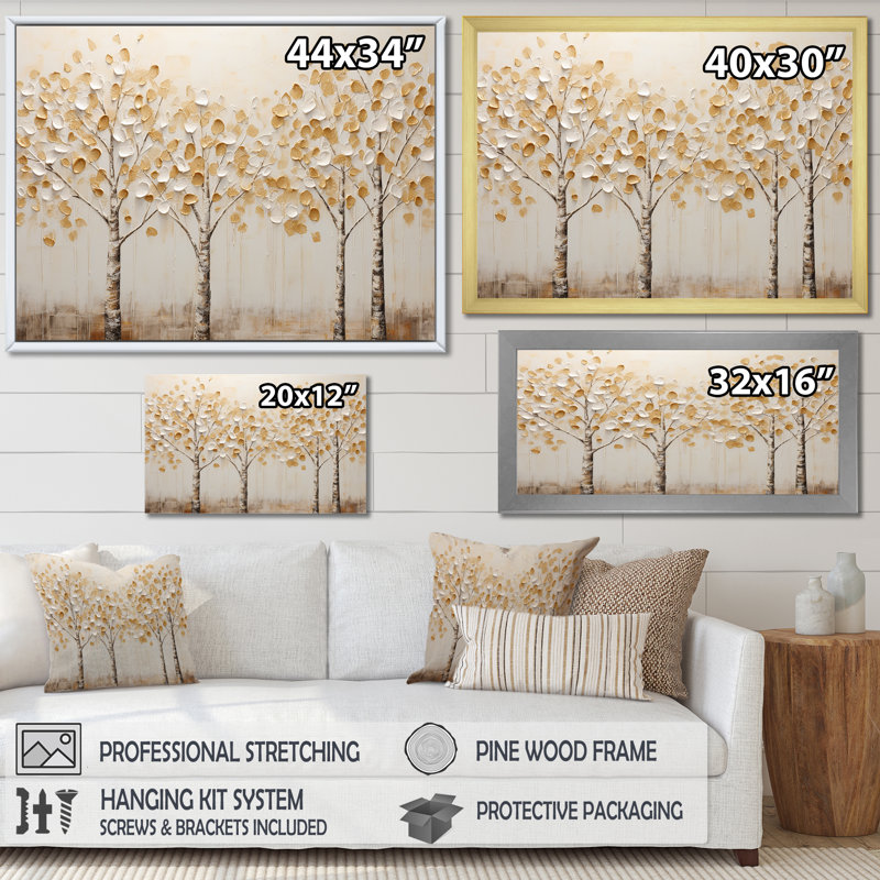 Harmonie d'arbres beiges - art mural arbres, Cadre simple noir, H 30 po x l 40 po x P 1,5 po