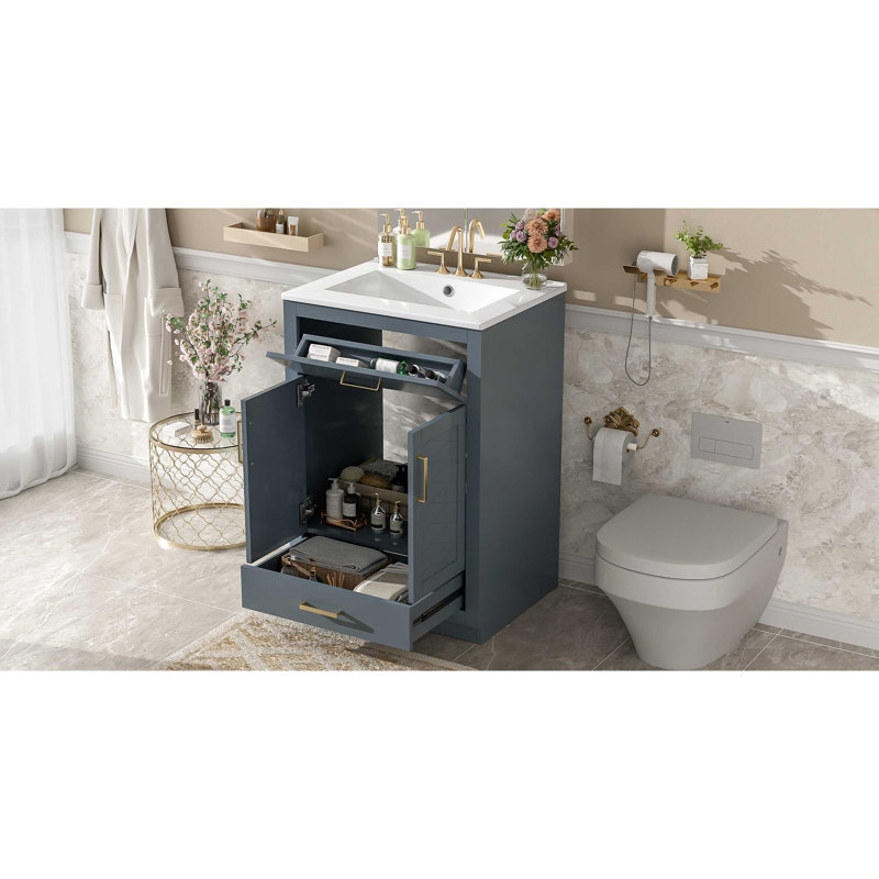 Meuble-lavabo 24 po avec lavabo en céramique intégré, armoire de salle de bain avec 2 portes, 1 tiroir basculant et meuble-lavabo simple pour salle de bain de petite et moyenne taille