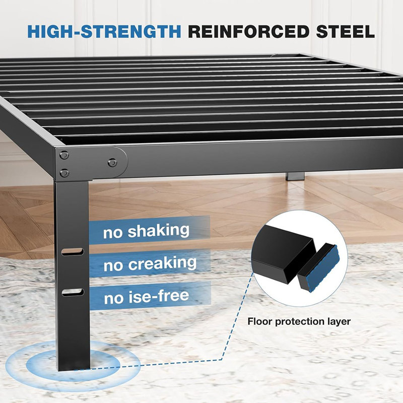 Structure de très grand lit en métal - 14 po de hauteur avec espace de rangement, pas de sommier tapissier avec support de lattes en acier robuste, 2200 lb pour un assemblage facile, noir pour la chambre à coucher
