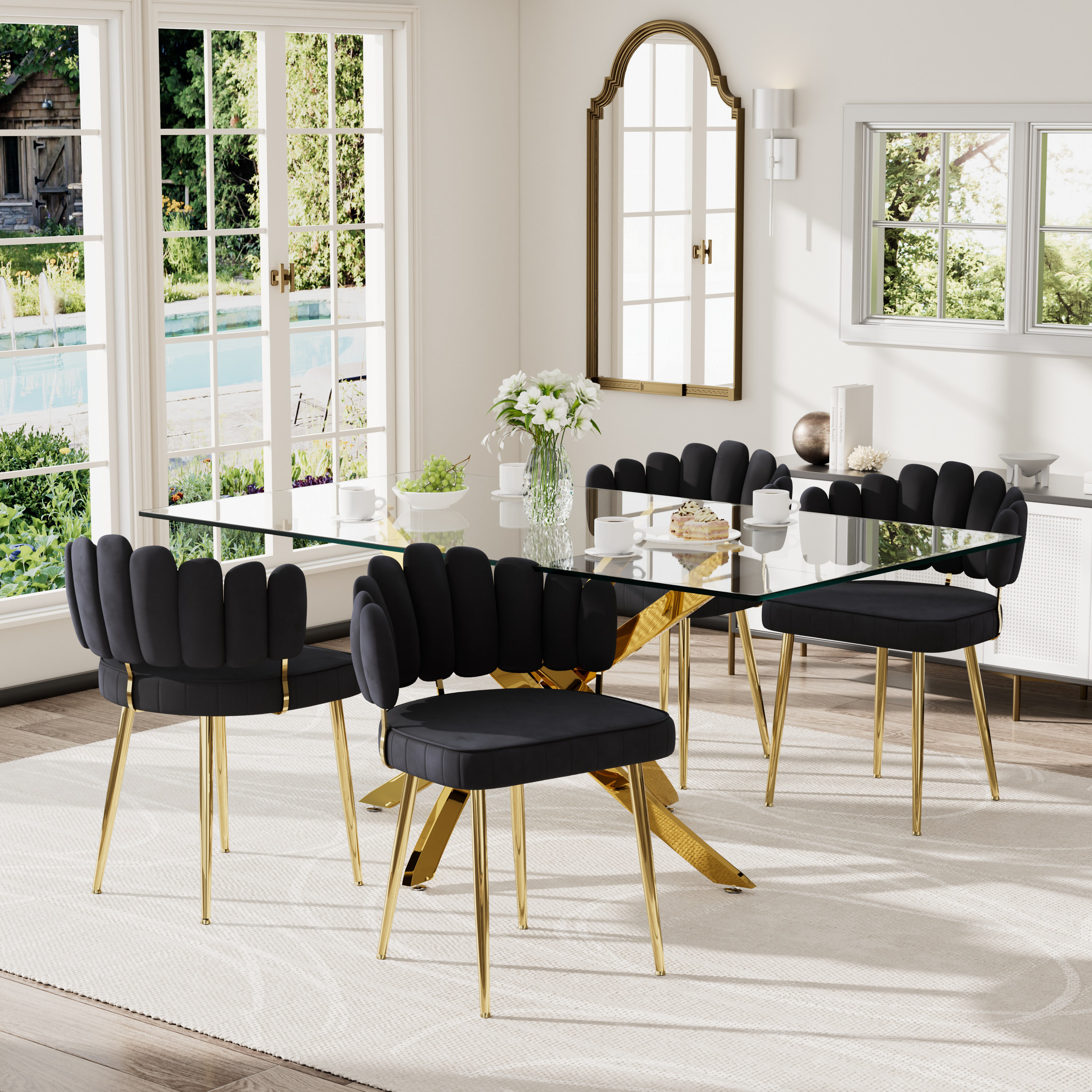 Mercer41 Modern Rectangle Glass Dining Table Set With Velvet Chairs ...