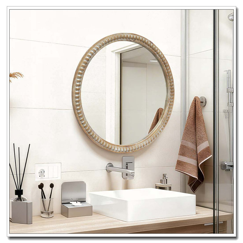 Round Decorative Wall Mirror, 35.43" Distressed Wood Beaded Frame Mirror For Entryway, Living Room, Bathroom, Farmhouse Style Accent Mirror