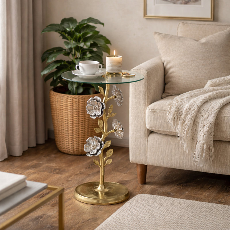 Table d'appoint Flower avec plateau en verre | Table de bout décorative sculpturale | Base en aluminium | Table d'appoint pour le salon | 16 x 16 x 23,75 po