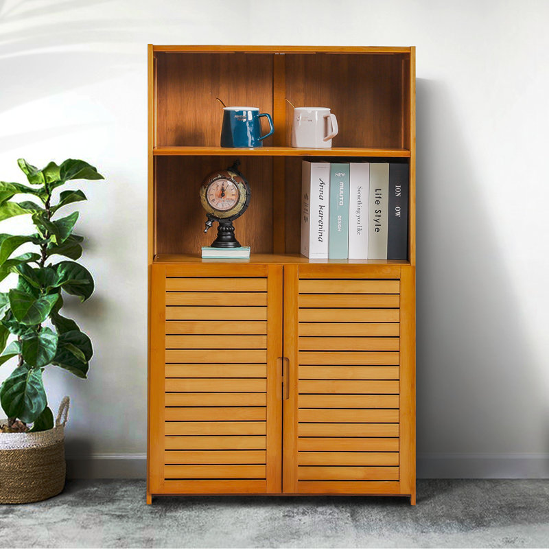 4-Tier Bookcase with Doors, Bamboo Bookshelf Freestanding Cube Storage Organizer with Open Shelves