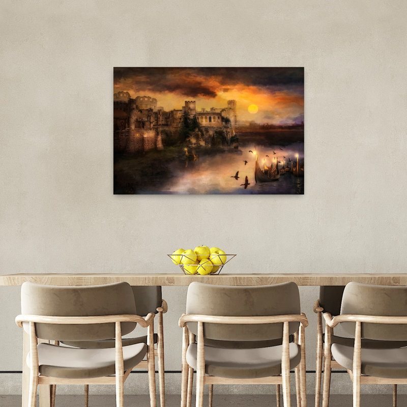 Château brumeux au coucher du soleil : une œuvre d'art murale abstraite et onirique représentant un oiseau et une architecture au coucher du soleil.