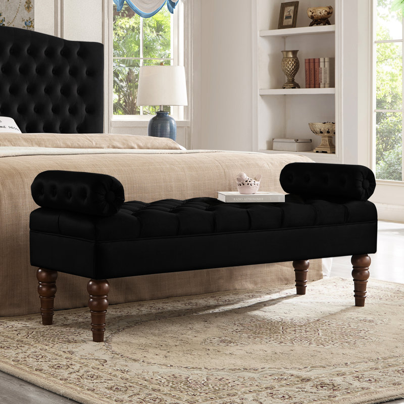 Bedroom Velvet Bench With Design - Solid Wood Leg Black Entryway Furniture Button For Color Seat, Black