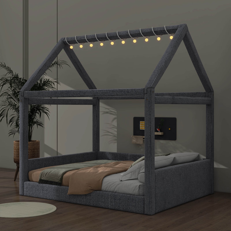Full Size Fabric-Covered House Daybed Featuring LED Light Strips, Gray