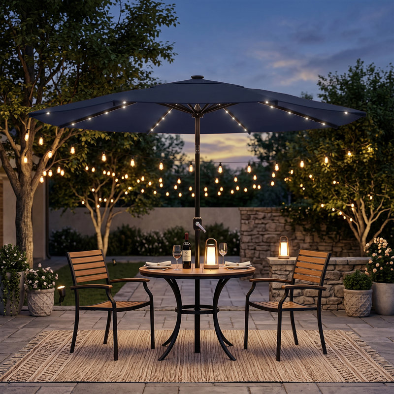 Parasol de terrasse inclinable en acier de 3 m avec éclairage solaire à DEL, Navy