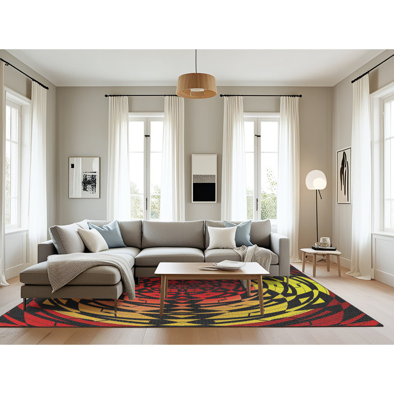 Tapis noir/rouge/jaune à motifs, Rectangle 8 pi x 10 pi