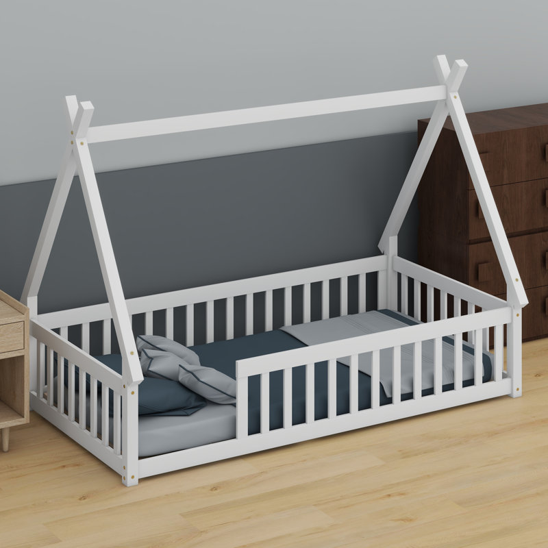Tent-Inspired Low-Profile Bed Featuring Safety Rails And Built-In Slats, White