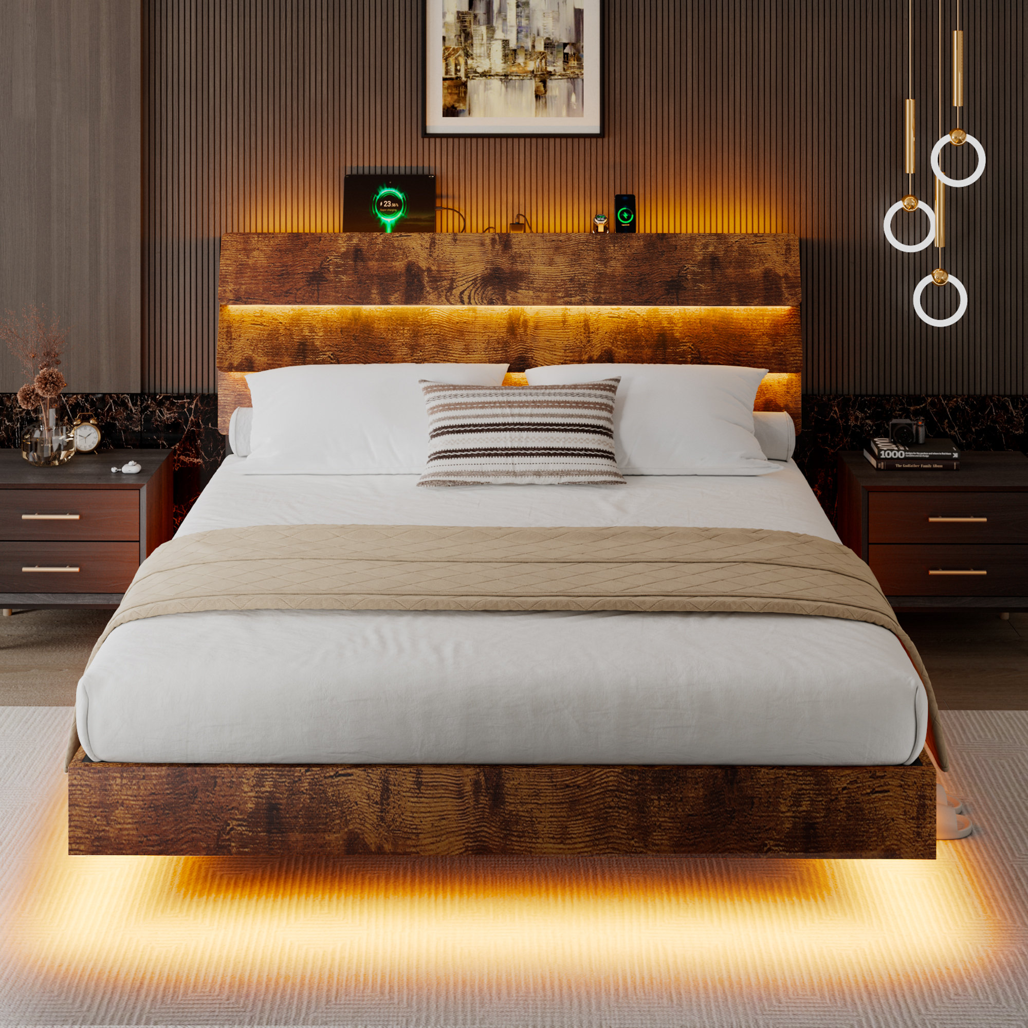 Ivy Bronx Full Size Floating Bed Frame With Led And Charging Station ...