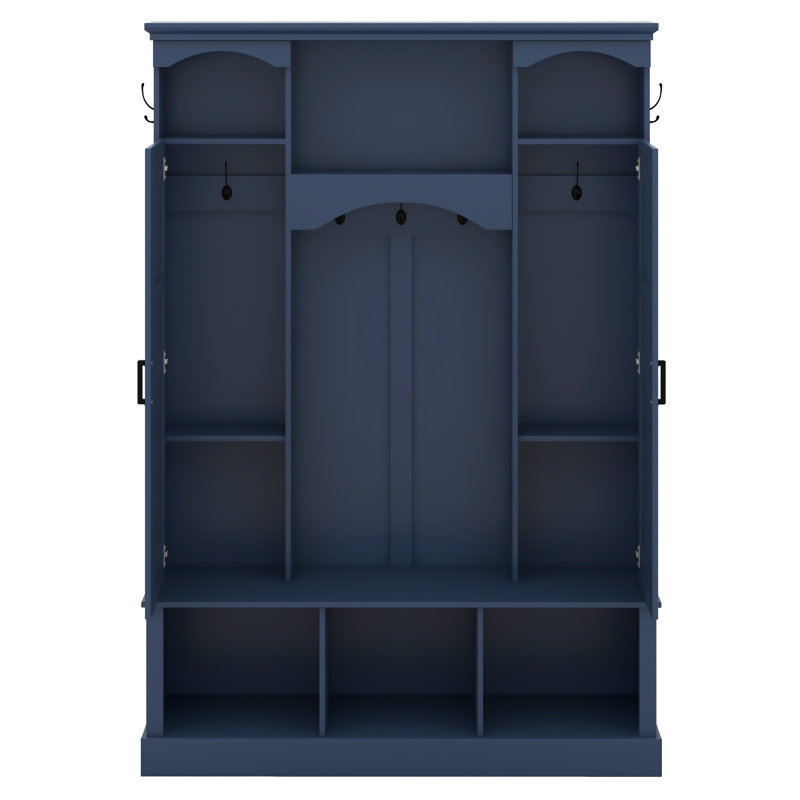Hall Tree With Adjustable Shelves & 7 Hooks, Entryway Organizer, Shoe Cabinet & Storage Bench, Dual Side Cabinets, Blue