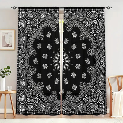 2Pcs Black White Bandana Curtains Bohemian Paisley Pattern Window Drapes Hippie Style Rod Pocket Treatment Panel for Living Room Bedroom Home Decor