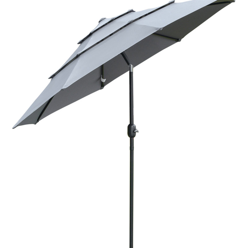 Parasol de patio extérieur 9 pi 3 po, gris foncé, avec manivelle fusionnée et bouton-poussoir inclinable pour terrasse arrière
