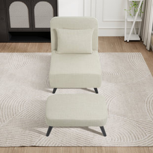 Modern Foldable Chaise Lounge - Linen Upholstered Armless Sofa With Matching Ottoman & Throw Pillow, Convertible Sleeper