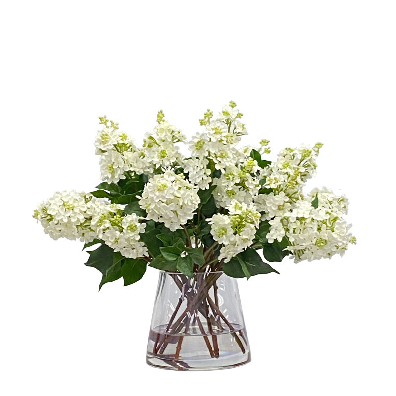 16" White Faux Lilac Arrangement in Clear Glass Vase