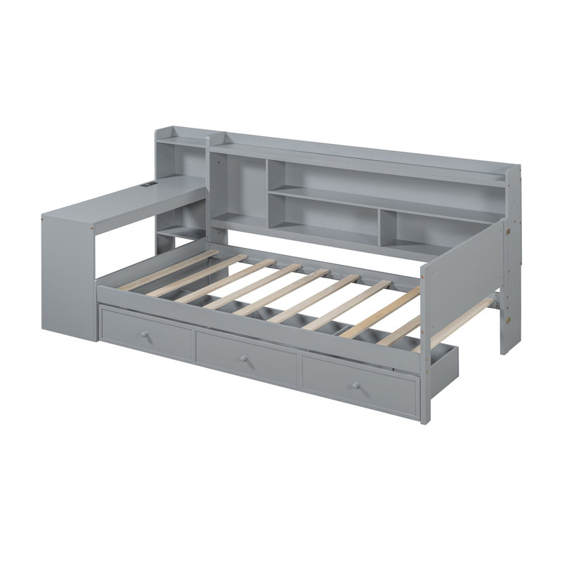 3 Drawers Daybed With Desk And Bookcase, Twin, Gray