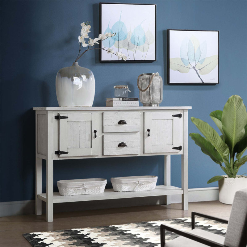 Vintage Solid Wood Storage Sideboard with 2 Drawers, Cabinets, and Bottom Shelf for Enhanced Home Organization, Antique White