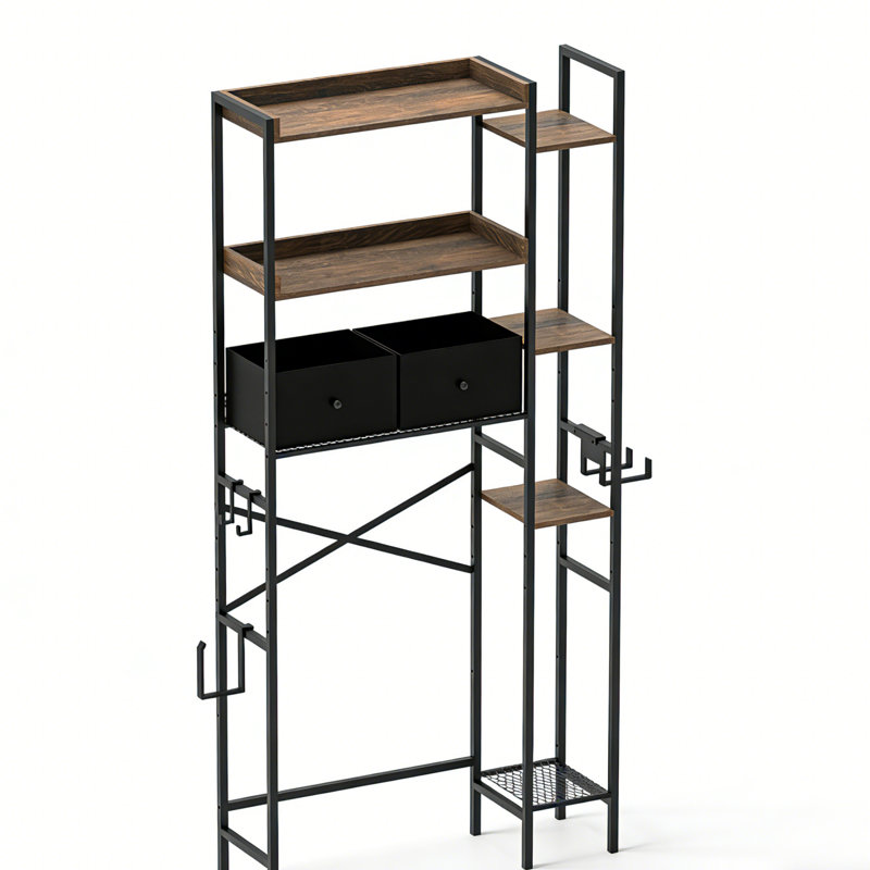 Over The Toilet Storage with 2 Drawers, 7 Tier Over Toilet Organizer with Height Adjustable Shelves and Hooks, Black/Brown
